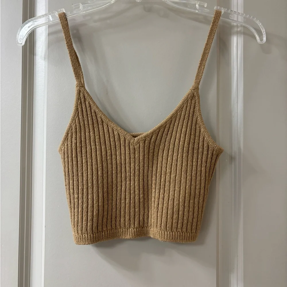 wild fable Ribbed Knit Pull-On Cropped Tank and Flare Pants in Camel - Picture 3 of 6